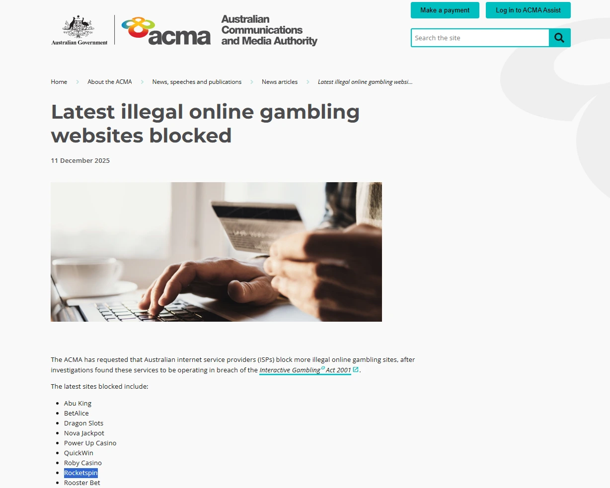 Screen image of the ACMA December 2025 blocked websites page showing Rocketspin in the list